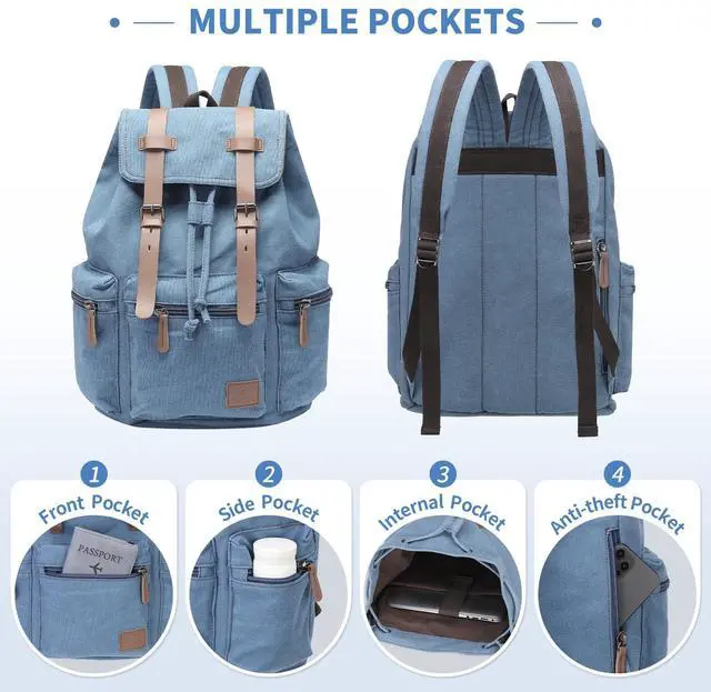 Alt view image 4 of 5 - DTGN Vintage Canvas Backpack for Men & Women, Durable Casual Daypack with Leather Accent, Fits for College, Work, Travel, & Outdoor, Blue