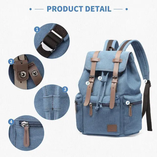 Alt view image 5 of 5 - DTGN Vintage Canvas Backpack for Men & Women, Durable Casual Daypack with Leather Accent, Fits for College, Work, Travel, & Outdoor, Blue