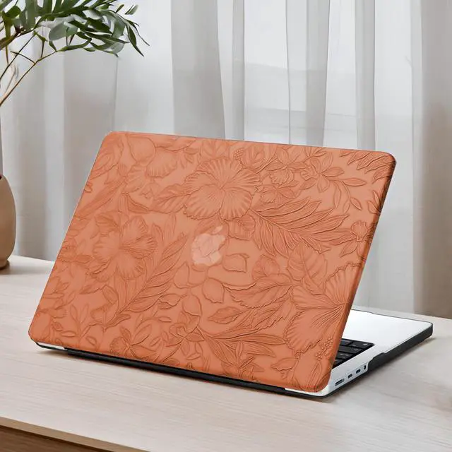 Main image of DTangLsm Compatible for MacBook Pro 14 inch Case 2024-2021 M4 M3 M2 M1 Pro Max A3112 A3185 A3401 A2918 A2992 A2779 A2442, Embossed Floral Texture Faux Leather Hard Shell Case&Keyboard Cover, Brown