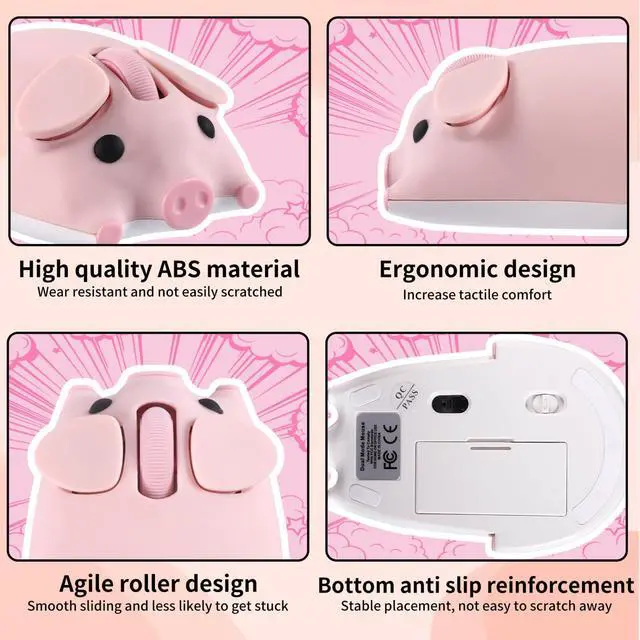 Alt view image 3 of 5 - Dtobhars Bluetooth Mouse, 2.4G Mice Cute Cartoon Pig Dual Mode (Bluetooth or 2.4 GHz Receiver) Computer Mouse 1200DPI Silent Clisks for Laptop/Notebook/iPad/PC/Mac/Chromebook Office Home(Pink)