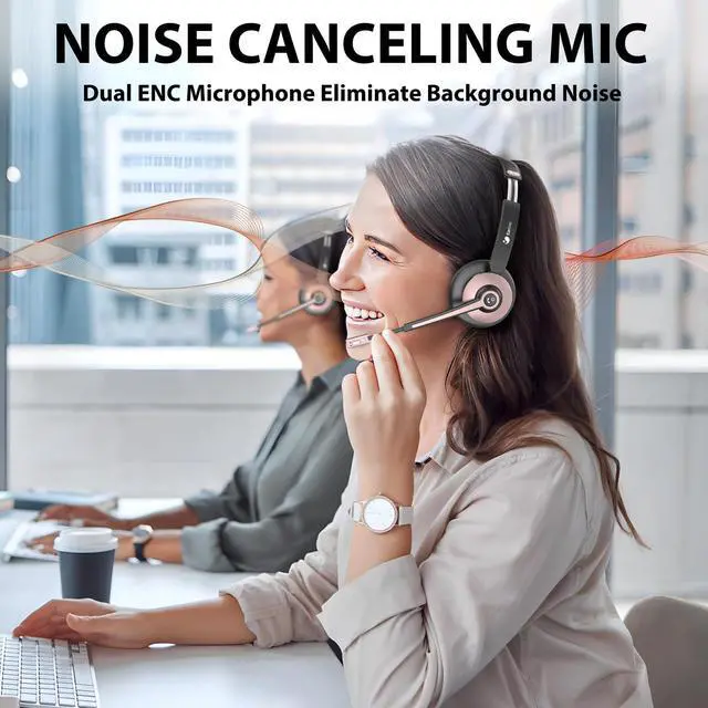 Alt view image 2 of 5 - Wireless Headset with Mic for Work, Bluetooth Headphones with Microphone Noise Canceling & USB Dongle, Handsfree 26+ Hours Battery & Mute Button, for Office/Call Center/Laptop/MS Teams/Conference