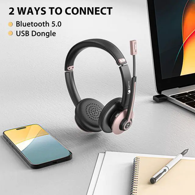 Alt view image 3 of 5 - Wireless Headset with Mic for Work, Bluetooth Headphones with Microphone Noise Canceling & USB Dongle, Handsfree 26+ Hours Battery & Mute Button, for Office/Call Center/Laptop/MS Teams/Conference