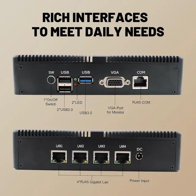 Alt view image 3 of 5 - Fanless Mini PC Intel Celeron J4125, 4GB RAM 32GB SSD, 4xIntel I211 Firewall Router, Aluminum Alloy Mini Computers for pfSense/Network Security (Win/Linux, VESA)
