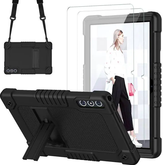 Main image of FIEWESEY for KADYBE D106 Tablet Case with 2 Pcs Screen Protector,Heavy Duty Kids Shockproof Stand Shoulder Strap Case for MEIZE D106/VOZIZOV D106/FEONAL Android 14 10.1 inch Tablet (Black)