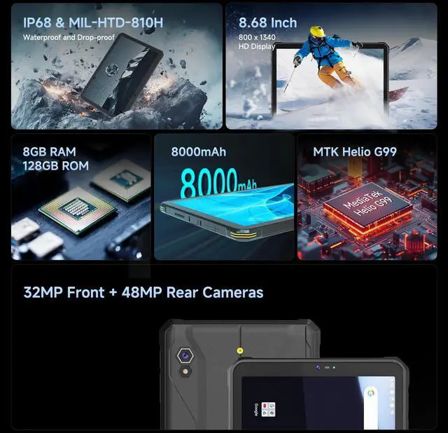 Alt view image 2 of 5 - ONERugged Rugged Tablet T1, 8.68 inch Android 14 Tablets, 8000mAh 8GB+128GB (512GB TF) Industrial PC, 48MP+32MP Octa-Core IP68 Waterproof Computer for Outdoor UTV Moto Drone Field Work