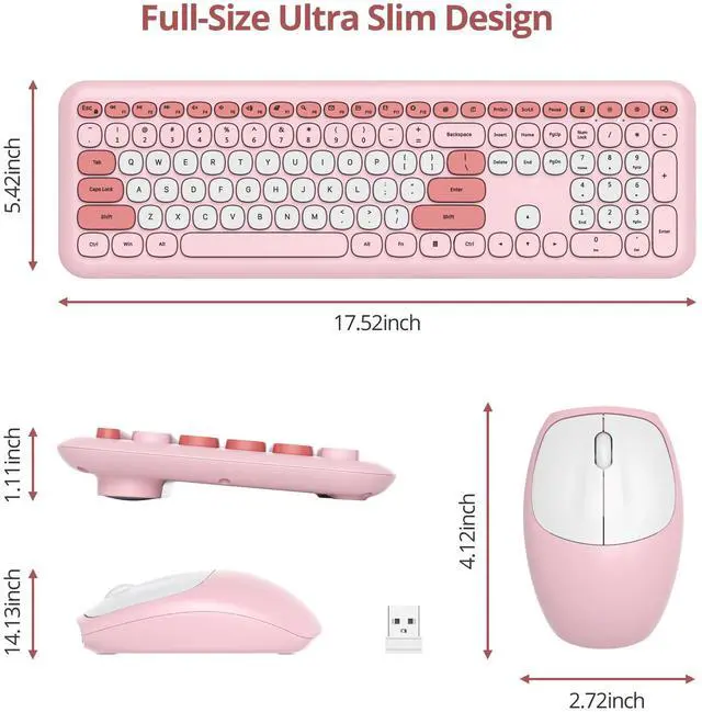 Alt view image 3 of 5 - Fogruaden Quiet Wireless Keyboard and Mouse Combo, 2.4GHz Retro Cute Typewriter Full-Size Colorful Pink Keyboard, Slim Design, Low-Noise Typing for Home, Office, Windows PC, Laptop
