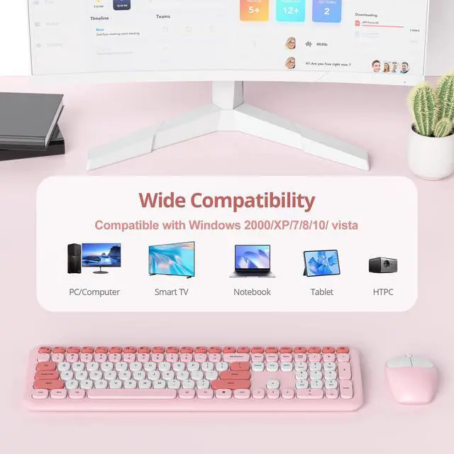 Alt view image 5 of 5 - Fogruaden Quiet Wireless Keyboard and Mouse Combo, 2.4GHz Retro Cute Typewriter Full-Size Colorful Pink Keyboard, Slim Design, Low-Noise Typing for Home, Office, Windows PC, Laptop