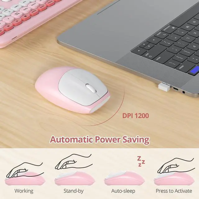 Alt view image 4 of 5 - Fogruaden Quiet Wireless Keyboard and Mouse Combo, 2.4GHz Retro Cute Typewriter Full-Size Colorful Pink Keyboard, Slim Design, Low-Noise Typing for Home, Office, Windows PC, Laptop