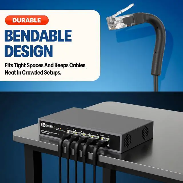 Alt view image 2 of 5 - Everest Ultra Slim Cat6a Ethernet Patch Cables 1ft (24-Pack) Black - 10GB Cat 6a Patch Cable - Bendable, Flexible & Thin Ethernet Cable - Space Saving 32AWG 550MHZ Cat6a Cables - 100% Copper Wires