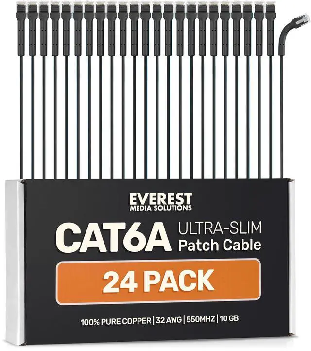 Main image of Everest Ultra Slim Cat6a Ethernet Patch Cables 1ft (24-Pack) Black - 10GB Cat 6a Patch Cable - Bendable, Flexible & Thin Ethernet Cable - Space Saving 32AWG 550MHZ Cat6a Cables - 100% Copper Wires