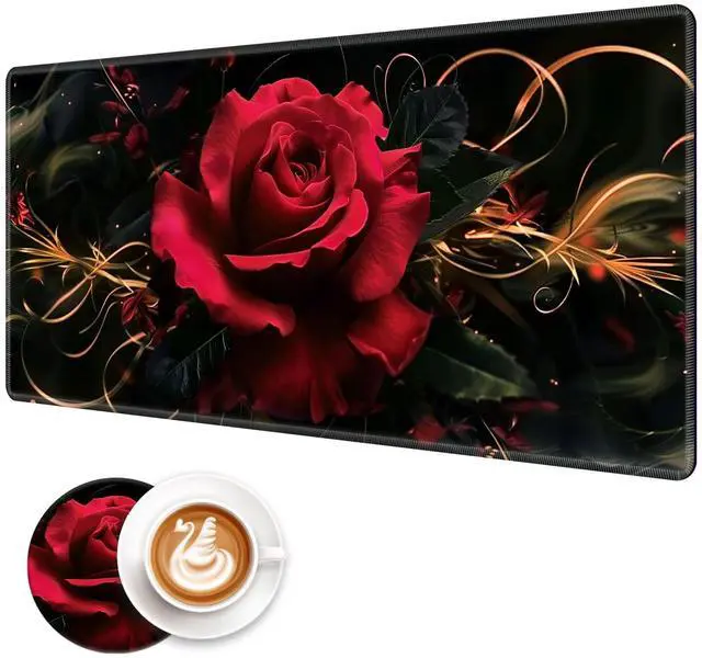 Main image of FXIANGWL XXL Gaming Mouse Pad, Extra Large Waterproof Desk Mat for Office Gaming, Non-Slip Rubber Base Durable Stitched Edge, Easy to Clean, Easy to Clean, Red Rose
