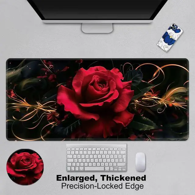 Alt view image 3 of 5 - FXIANGWL XXL Gaming Mouse Pad, Extra Large Waterproof Desk Mat for Office Gaming, Non-Slip Rubber Base Durable Stitched Edge, Easy to Clean, Easy to Clean, Red Rose