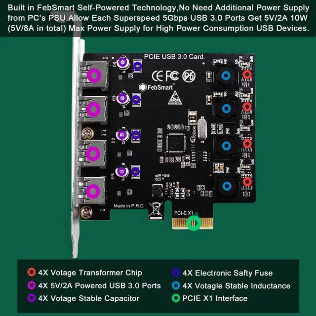 Alt view image 3 of 5 - FebSmart 4 Ports Superspeed 5Gbps USB 3.0 PCI Express Expansion Card for Windows 11, 10, 8.x, 7, Vista, XP Desktop PCs, Built in Self-Powered Technology, No Need Additional Power Supply (FS-U4-Pro)