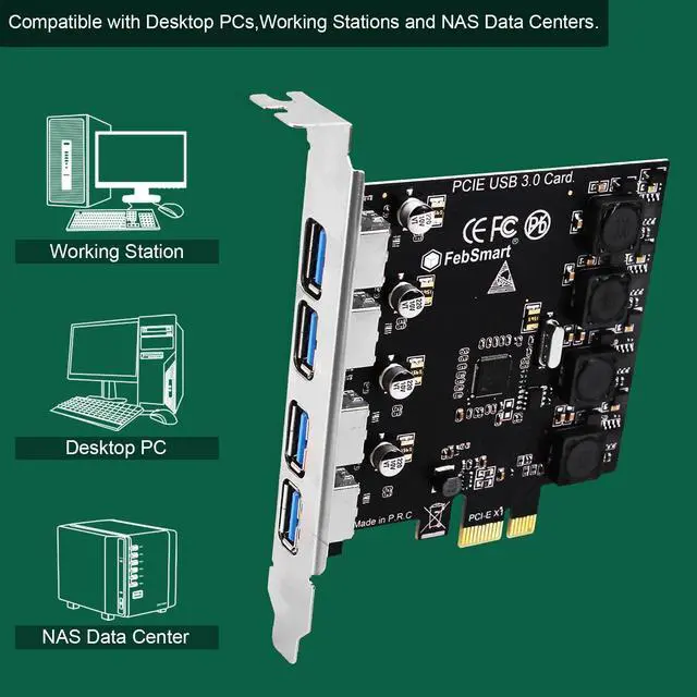 Alt view image 5 of 5 - FebSmart 4 Ports Superspeed 5Gbps USB 3.0 PCI Express Expansion Card for Windows 11, 10, 8.x, 7, Vista, XP Desktop PCs, Built in Self-Powered Technology, No Need Additional Power Supply (FS-U4-Pro)