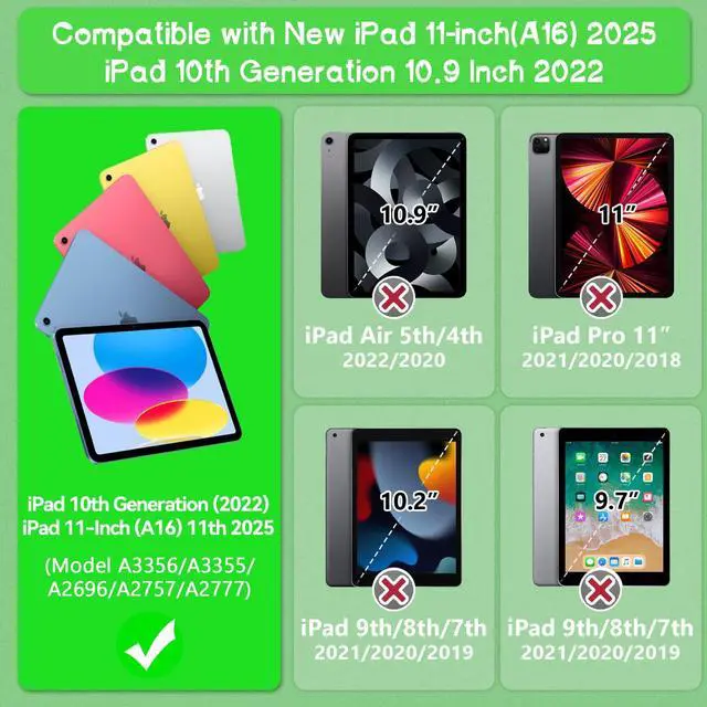 Alt view image 2 of 5 - Grifobes for iPad 11-inch (A16) 2025 / 10th Generation Case 10.9 inch 2022, iPad 11th / 10th Case with Pencil Holder Heavy Duty Rugged Protective Cover with Kickstand for Girls Kids Green+Black