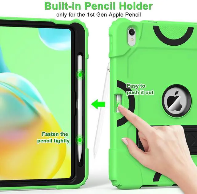 Alt view image 5 of 5 - Grifobes for iPad 11-inch (A16) 2025 / 10th Generation Case 10.9 inch 2022, iPad 11th / 10th Case with Pencil Holder Heavy Duty Rugged Protective Cover with Kickstand for Girls Kids Green+Black