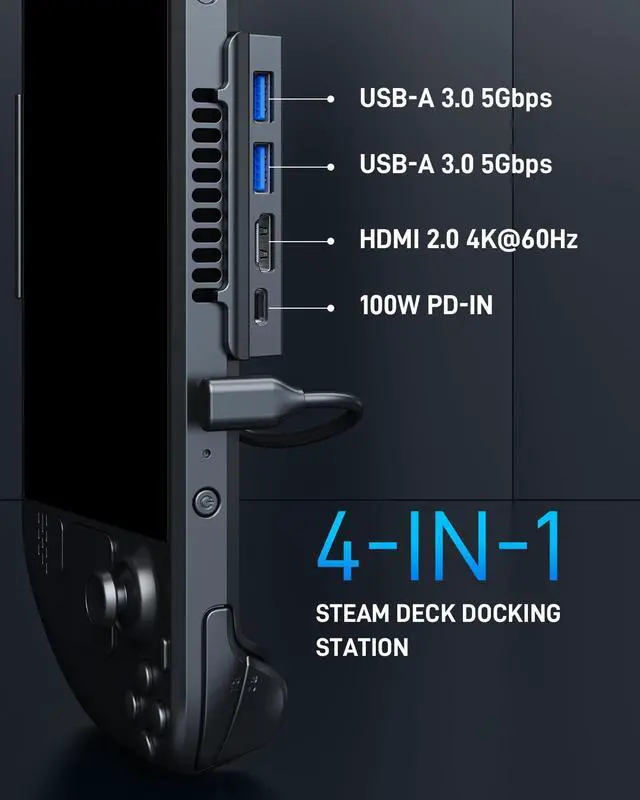 Alt view image 4 of 5 - HenHot Steam Deck Dock, 4-Port USB C Hub with HDMI 2.0 4K@60Hz, Dual USB-A 3.0, 100W Max PD-in, Foldable Stand