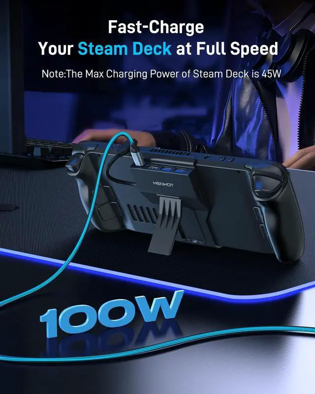 Alt view image 5 of 5 - HenHot Steam Deck Dock, 4-Port USB C Hub with HDMI 2.0 4K@60Hz, Dual USB-A 3.0, 100W Max PD-in, Foldable Stand