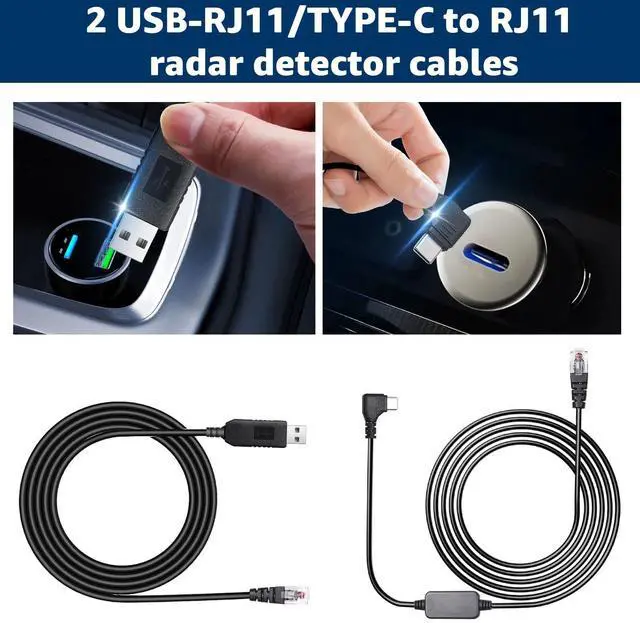 Alt view image 2 of 5 - Hodeoo USB-C to RJ11 & USB to RJ11 Radar Detector Cables, 6.56Ft Each, Compatible with Escort, Uniden, Beltronics, Cobra, Radenso XP & More (Premium Replacement Power Cords)