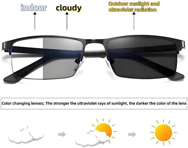 Alt view image 4 of 5 - HOPWODE Anti blue light glasses, color changing glasses, half frame business glasses, men's and women's myopia glasses, sunglasses (Black, -1.5, Diopters)