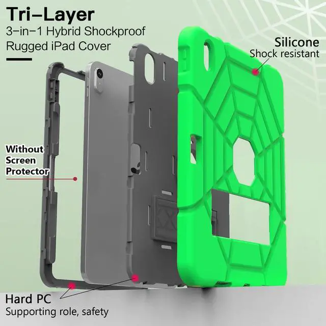 Alt view image 5 of 5 - Grifobes Kids Case for iPad 11-inch (A16) 2025 / iPad 10th Generation 2022 10.9 inch, Heavy Duty Shockproof Rugged 11th / 10 Gen Cover with Pencil Holder & Stand (Green+Gray)