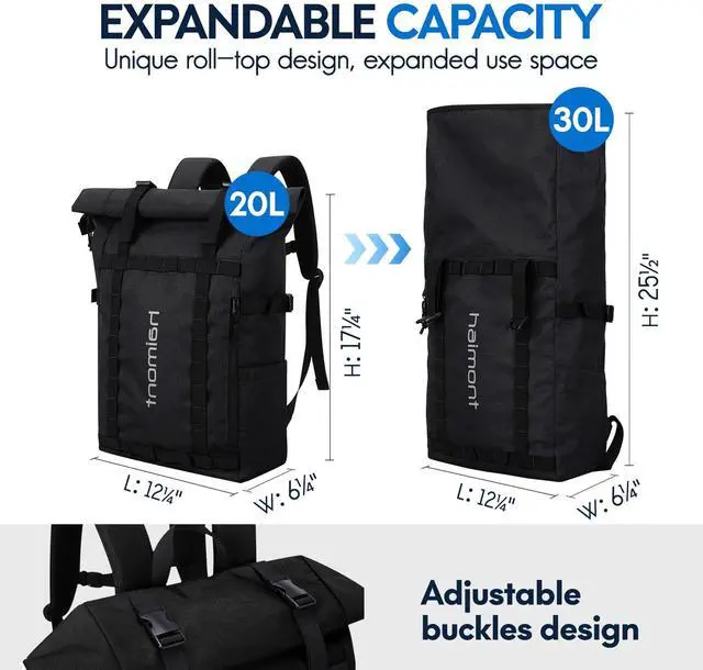 Alt view image 5 of 5 - Haimont Rolltop Backpack for Men Women Water-Resistant Carry on Travel Backpack Casual Daypack with Laptop Compartment for Work Trip Hiking, 20L, Black