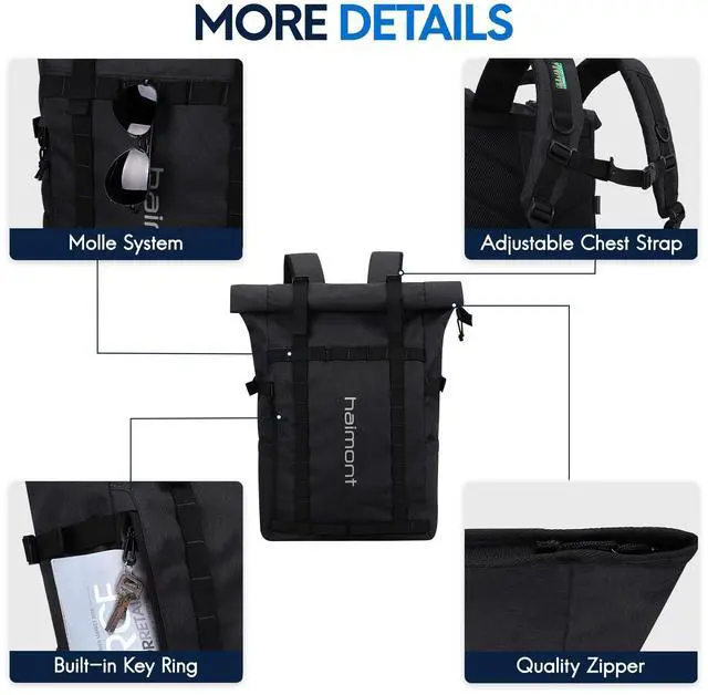 Alt view image 4 of 5 - Haimont Rolltop Backpack for Men Women Water-Resistant Carry on Travel Backpack Casual Daypack with Laptop Compartment for Work Trip Hiking, 20L, Black