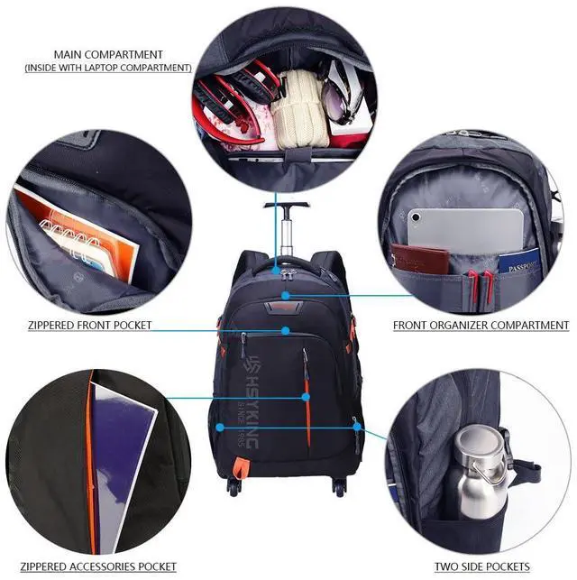 Alt view image 3 of 5 - HSYKING 20 Inches Water-resistant Rolling Laptop Backpack Wheeled Backpack for Adult, Business People and Travel Commuter Carry-on Luggage with Spinner Wheels Travel Luggage (Black, 20 Inches)