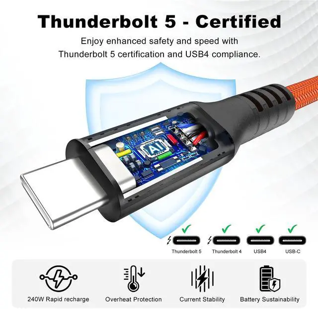 Alt view image 5 of 5 - 80Gbps Thunderbolt 5 Cable [Intel Certified] 3.3ft USB C to USB C Cable, 240W(5A) Charging Cord, Braided Type C Cable Compatible for Dual 16K/8K/4K Display, USB4, SSD, eGPU, Mac Studio/mini, iphone
