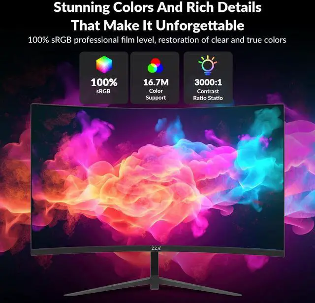 Alt view image 2 of 5 - ZZA 27 Inch Curved Monitor,VA Gaming Monitor,180Hz Refresh Rate, 1ms Response, 100% sRGB, 1080p Resolution,FreeSync,VESA Mountable