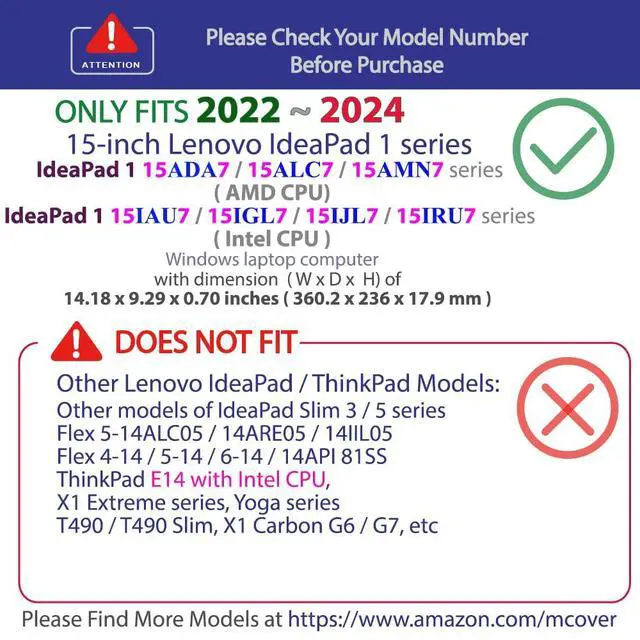 Alt view image 3 of 5 - mCover Case Compatible ONLY for 2022-2024 15" Lenovo IdeaPad 1 Series (15ADA7 / 15AMN7 / 15ALC7 / 15IAU7 / 15IGL7 / 15IJL7 / 15IRU7) Windows Laptops (NOT Fitting Any Other Models)- Black