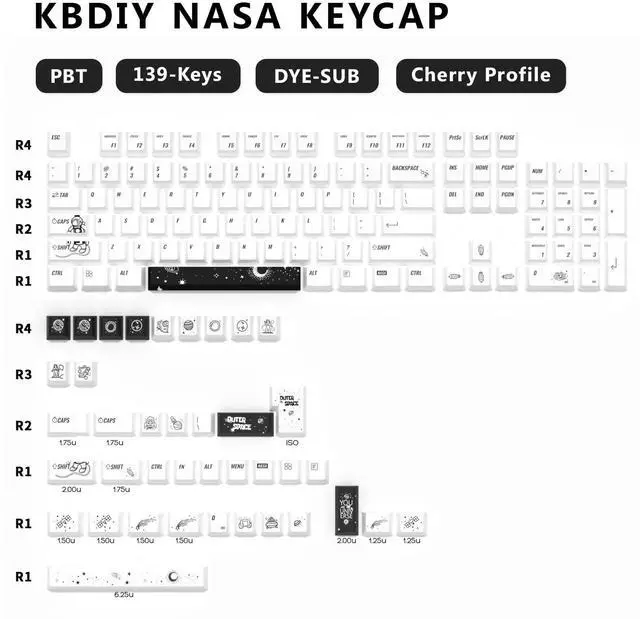 Alt view image 2 of 5 - YMKPVR KBDiy Outer Space DYE-SUB Keycap 60 Percent, Cherry Profile PBT Custom Keycap-139 Keys White Key Caps for 61/64/68/84/87/100/104/108 Cherry MX Mechanical Keyboard