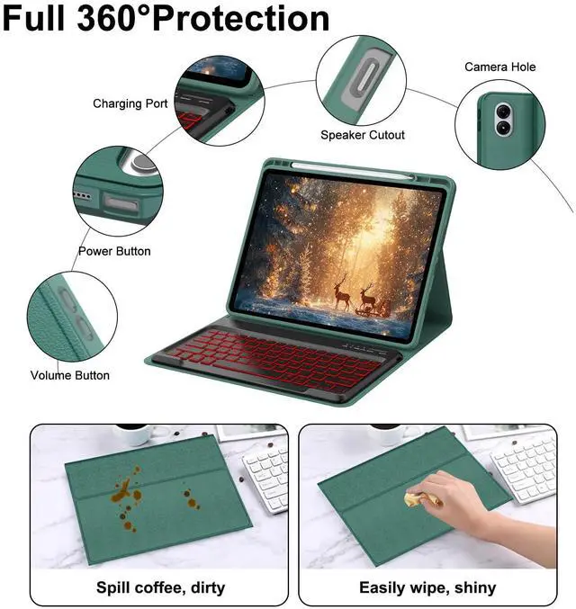 Alt view image 4 of 5 - IVEOPPE Keyboard Case for Xiaomi Redmi Pad Pro 12.1 Inch 2024/Xiaomi Poco Pad 12.1", 7 Colors Backlit, Detachable Bluetooth Wireless Keyboard Slim PU Stand Cover with Pencil Holder,Deep Green