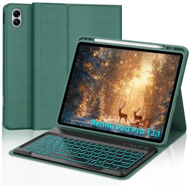 Main image of IVEOPPE Keyboard Case for Xiaomi Redmi Pad Pro 12.1 Inch 2024/Xiaomi Poco Pad 12.1", 7 Colors Backlit, Detachable Bluetooth Wireless Keyboard Slim PU Stand Cover with Pencil Holder,Deep Green