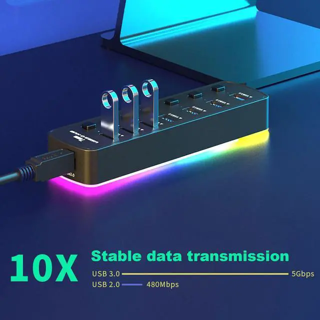Alt view image 4 of 5 - USB Hub 3.0, LED 7-Port USB Hub Splitter with Individual On/Off Switches and Lights, Long Cable Compatible for MacBook, Laptop, Surface Pro, PS4, PC, Flash Drive, Mobile HDD