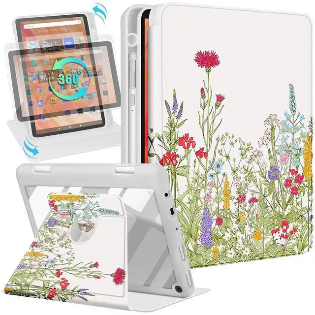 Main image of Kidcube for Kindle Fire HD 10/10 Plus Tablet Case - 13th/11th Generation (2023/2021) 10.1" Women Girls Cute Flower Floral Design Rotating Stand Pencil Holder Folio Cases for  Fire HD 10/10 Plus