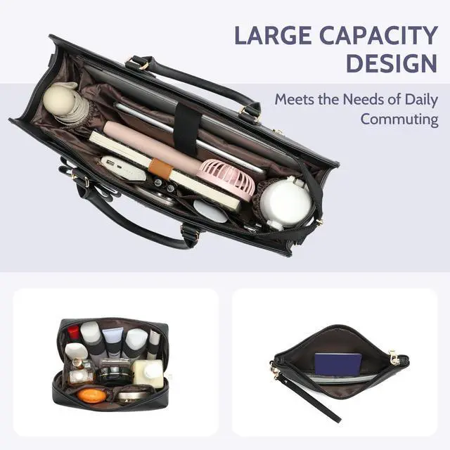 Alt view image 5 of 5 - Keyli 3pc Sets Laptop Bag Work Bags for Women,15.6 Inch Laptop Tote Bag Purses Waterproof Vegan Leather Computer Briefcase Professional Business Shoulder Handbags for Teacher Office Travel Black