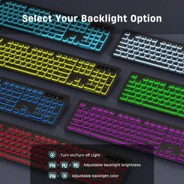 Alt view image 2 of 5 - KOPJIPPOM Backlit Wireless Keyboard, 2.4G Silent Wireless Light Up Keyboard, Full Size Computer Keyboards with 7 Colored Backlits, Rechargeable Keyboards for Windows, PC, Laptop (Black, Normative)