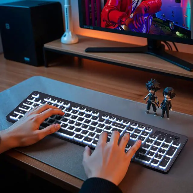 Alt view image 3 of 5 - KOPJIPPOM Backlit Wireless Keyboard, 2.4G Silent Wireless Light Up Keyboard, Full Size Computer Keyboards with 7 Colored Backlits, Rechargeable Keyboards for Windows, PC, Laptop (Black, Normative)