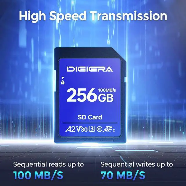 Alt view image 2 of 5 - DIGIERA 256GB CS100 SDXC UHS-I Memory Card - up to 100MB/s, C10, U3, V30, 4K UHD, SD Card for Computers, Digital Cameras, Home Theatre Devices, Car Navigation Systems (1 Pack)
