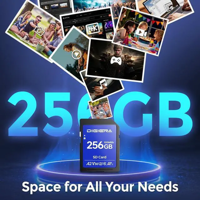 Alt view image 3 of 5 - DIGIERA 256GB CS100 SDXC UHS-I Memory Card - up to 100MB/s, C10, U3, V30, 4K UHD, SD Card for Computers, Digital Cameras, Home Theatre Devices, Car Navigation Systems (1 Pack)