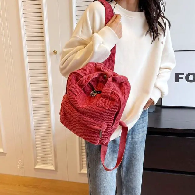 Alt view image 3 of 5 - MaxxCloud Vintage Corduroy Backpack Tote Satchel Hiking Knapsack Canvas Backpack Travel Bag Handbag Purse Rucksack (640 red)