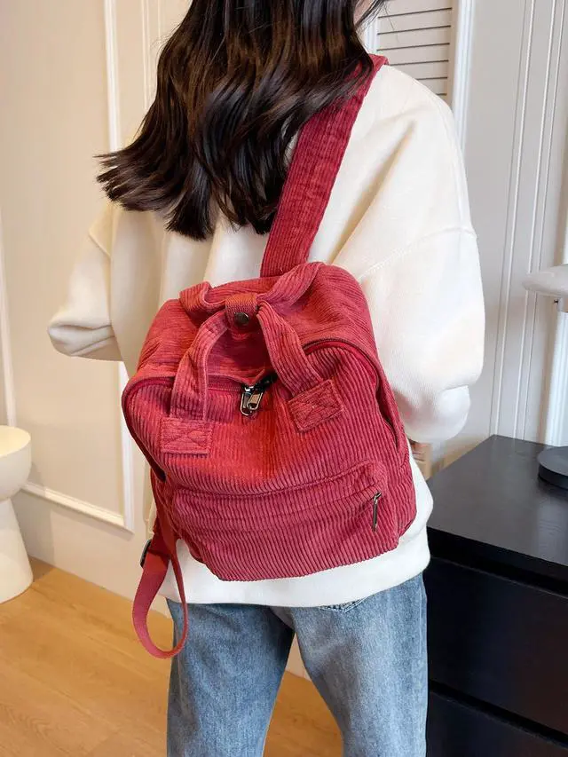 Alt view image 2 of 5 - MaxxCloud Vintage Corduroy Backpack Tote Satchel Hiking Knapsack Canvas Backpack Travel Bag Handbag Purse Rucksack (640 red)