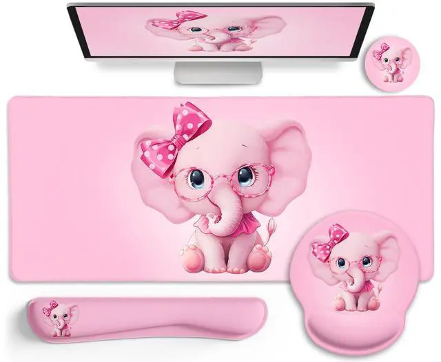 Main image of LIMKRIAN Elephant Mouse Pad Desk Mat Set, Kawaii Gaming Ergonomic Mouse Pad with Wrist Support Wrist Rest for Computer Keyboard Cup Coaster, Cute Pink Elephant Office Supplies Desk Decor Accessories