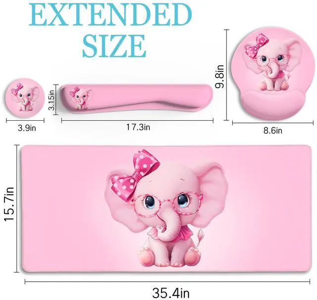 Alt view image 3 of 5 - LIMKRIAN Elephant Mouse Pad Desk Mat Set, Kawaii Gaming Ergonomic Mouse Pad with Wrist Support Wrist Rest for Computer Keyboard Cup Coaster, Cute Pink Elephant Office Supplies Desk Decor Accessories