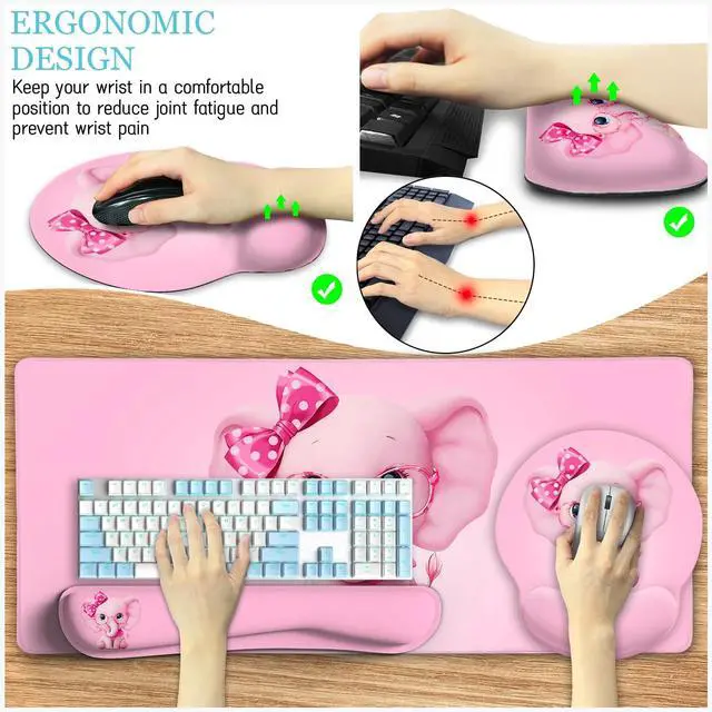 Alt view image 4 of 5 - LIMKRIAN Elephant Mouse Pad Desk Mat Set, Kawaii Gaming Ergonomic Mouse Pad with Wrist Support Wrist Rest for Computer Keyboard Cup Coaster, Cute Pink Elephant Office Supplies Desk Decor Accessories