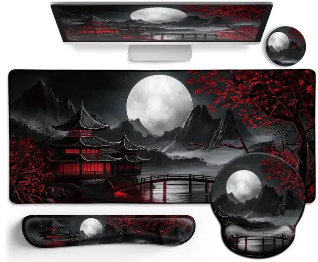 Main image of LIMKRIAN Japanese Mouse Pad Large Desk Mat Set, XXL Anime Full Moon Ergonomic Mousepad with Wrist Rest, Wrist Support Gaming Keyboard Mat Cup Coaster Set, Japanese Style Office Desk Accessories