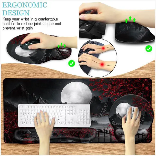 Alt view image 3 of 5 - LIMKRIAN Japanese Mouse Pad Large Desk Mat Set, XXL Anime Full Moon Ergonomic Mousepad with Wrist Rest, Wrist Support Gaming Keyboard Mat Cup Coaster Set, Japanese Style Office Desk Accessories