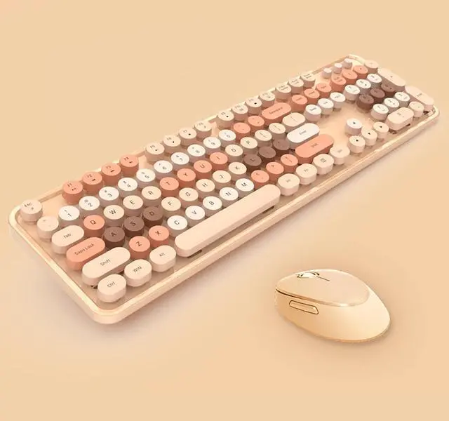 Main image of 2.4G Full-Size Wireless Keyboard and Mouse Combo, Multi-Color Typewriter Style Round Keycap, Cute Candy Colors, Compatible with Notebook, PC (104 Keys,Milk Tea)