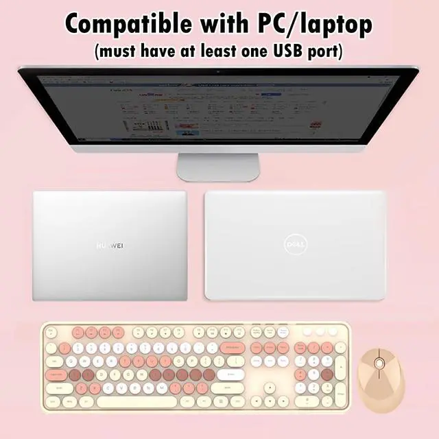 Alt view image 5 of 5 - 2.4G Full-Size Wireless Keyboard and Mouse Combo, Multi-Color Typewriter Style Round Keycap, Cute Candy Colors, Compatible with Notebook, PC (104 Keys,Milk Tea)